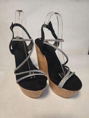 Black Rhinestone Strappy Cork Wedge Sandals - Women